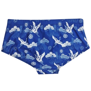 Detailed close-up of men's swimming trunks with flying crane and auspicious cloud prints