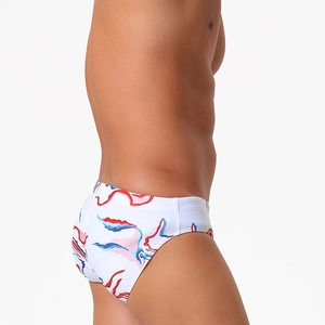 Side view of men's quick-dry low-rise swim briefs with vibrant abstract wave print