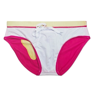 Flat lay of men's swim briefs with pink and white panels and white drawstring detail