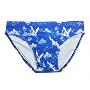 Détail du slip de bain pour hommes avec imprimés de grues blanches et nuages sur tissu marine