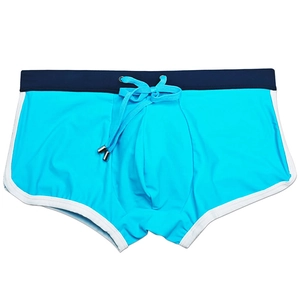 Sky blue men swim trunks with dark blue waistband and white piping detail