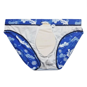 Détail du slip de bain homme avec imprimé grue, doublure de protection et cordon blanc