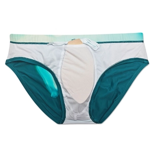 Detail view of men's blue gradient swim briefs showing inner lining and contour pouch