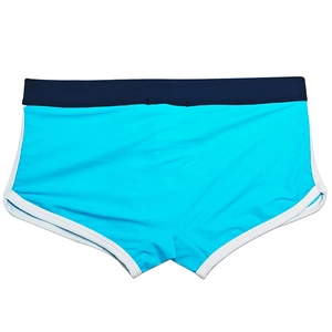 Detail of blue men's swim trunks with contrast navy waistband and white piping trim