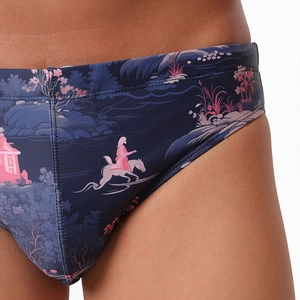 Herren Badeslip in Marineblau mit japanischen Illustrationen und orientalischen Motiven