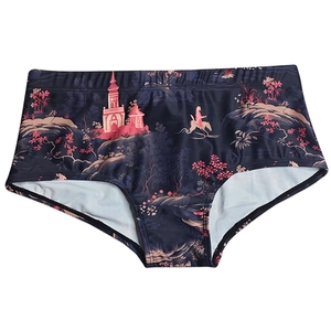 Men's low-waist swimming trunks with vintage floral and horse prints in navy blue