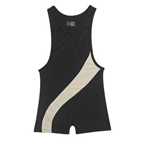 Detailaufnahme von Herren Ringertrikot in Schwarz mit beigem Bogendesign aus Nylon