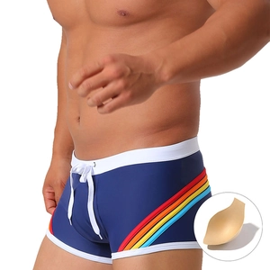 Navy blue men's swim trunks with rainbow side stripes and adjustable drawstring