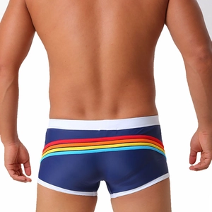 Rear view of men's navy swim trunks featuring vibrant rainbow stripes and white piping detail