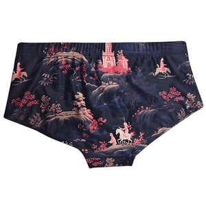 Detail of navy blue men swimming trunks with white landscape pattern and elastic waistband