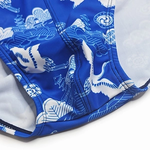 Détail du maillot de bain homme avec imprimé grue traditionnelle et coutures renforcées
