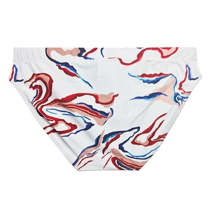 Detailed view of the elastic waistband and abstract flame print on men's swim briefs