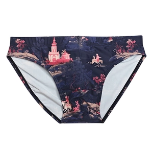 Detail von Herren-Badeslips in Dunkelblau mit rosa japanischem Illustrationsdruck