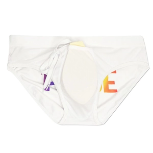 Detailed view of white men's swim briefs featuring rainbow PRIDE print and inner padding