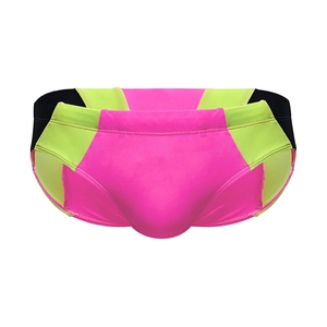 Men's low-waist swimming briefs with neon pink, green, and black color-blocking design