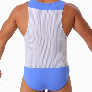 Vue arrière d'un body de sport pour homme avec mesh blanc respirant et tissu bleu élastique