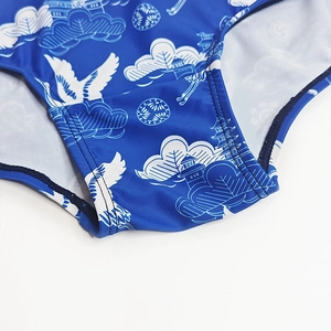 Detailed close-up of blue swim trunks featuring white crane and auspicious cloud patterns