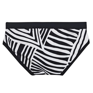 Detailed flat lay of men's swim briefs featuring black and white geometric stripe patterns