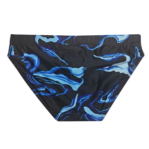 Detail of men's swim briefs with blue auspicious cloud print and elastic waistband