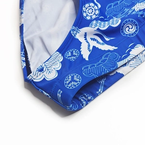 Détail de maillot de bain bleu pour homme avec motif traditionnel de grue et de nuages