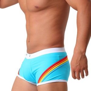 Detail of light blue swim trunks with rainbow side stripes and white contrast trim