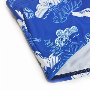Macro shot of blue swim trunks featuring white crane and cloud print with reinforced seams
