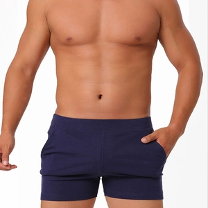 Men's navy blue cotton lounge shorts with pockets and an elastic waistband for comfort