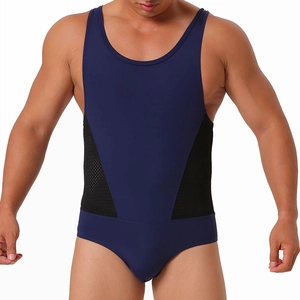 Combinaison de catch pour homme en nylon bleu marine avec empiècements en résille