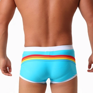 Detailed back view of men's blue swim trunks featuring vibrant rainbow stripe accents