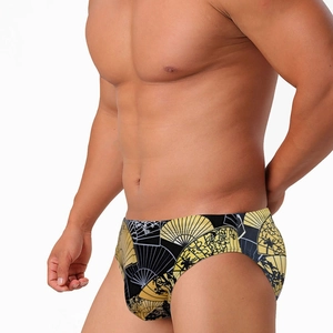 Maillot de Bain Homme Séchage Rapide Taille Basse Imprimé Éventail Japonais Slip de Bain Élastique Plage Mode Homme