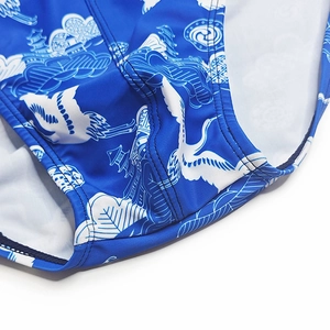Gros plan détaillé du maillot de bain bleu avec motifs traditionnels de grue et nuages