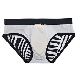 Detail of men's low rise swim briefs with ergonomic cup pouch and black stripe patterns