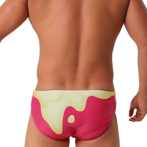 Men's sexy rose red swim briefs featuring a vibrant yellow gradient fluid print on back
