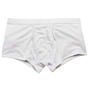 Close-up of white breathable fitness trunks featuring a supportive U-convex pouch design