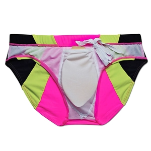 Detail of men's color-block swim briefs with mesh lining and adjustable drawstrings