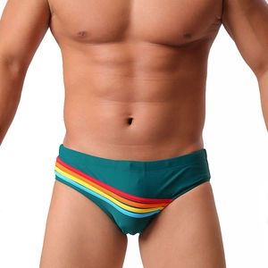 Slip de bain homme vert foncé avec rayures arc-en-ciel en tissu élastique séchage rapide