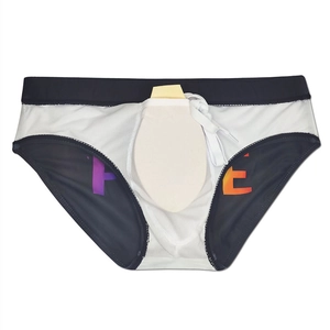 Detail of navy swim briefs with white drawstring and removable protective foam pad