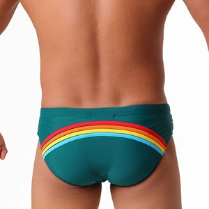 Détail du slip de bain homme bleu canard avec rayures arc-en-ciel au dos du vêtement