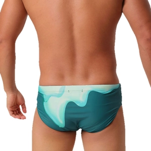 Men's gradient blue and green wave print swim trunks with elastic quick-dry fit