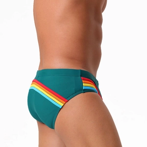 Détail du maillot de bain homme vert foncé avec rayures arc-en-ciel et coupe ajustée