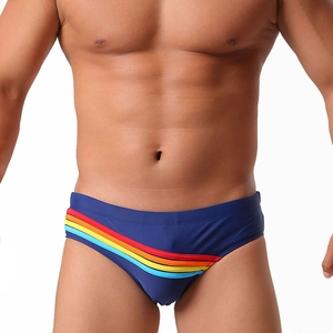 Slip de bain bleu marine à taille basse pour hommes avec rayures arc-en-ciel