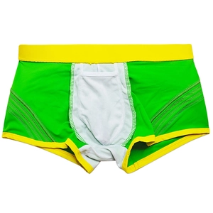 Detail of green sports swim trunks with yellow rainbow stripes and breathable white mesh