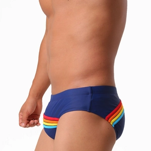 Détail du slip de bain bleu marine à taille basse avec des rayures arc-en-ciel sur le côté