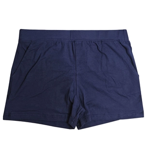 Close-up of men's navy blue cotton boxer shorts with elastic waistband and side pockets