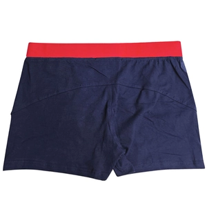 Detail of men's cotton boxers with contrast red elastic waistband and blue fabric