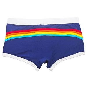 Detailed view of dark blue swimming trunks featuring vibrant rainbow stripes and white trim