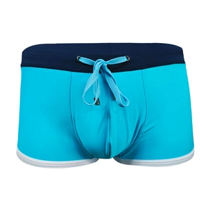 Men's bright blue swim trunks with navy waistband, contrast drawstring and white piping