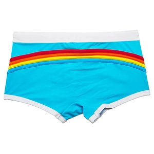 Detailed back view of sky blue men's swim trunks with vibrant rainbow stripe stitching