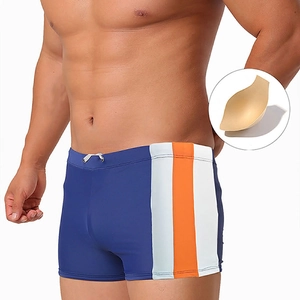 Men's navy blue boxer swim trunks with side stripes and removable safety pad insert