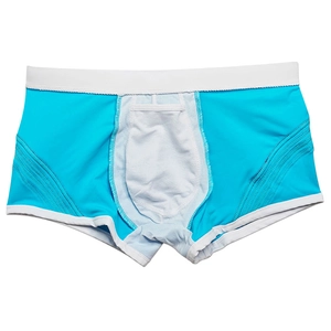 Close-up of blue men's swim trunks with white contoured pouch and sporty stitching detail